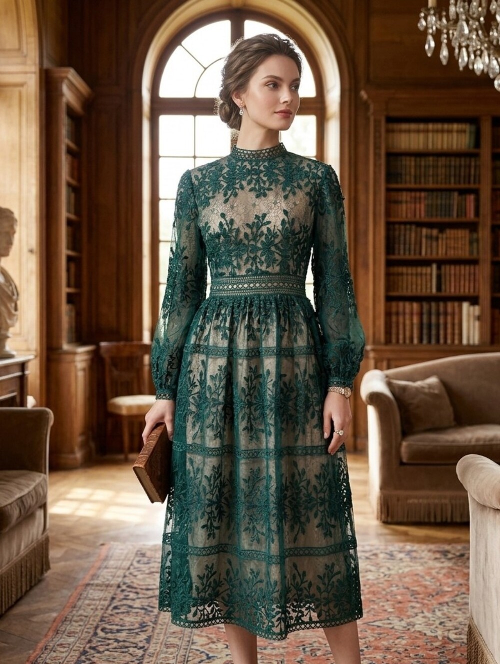 Elegant Green Lace Midi Dress with High Neck